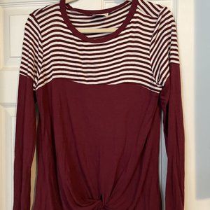 Marisa Jill Top Size L Maroon Stripe Knot Long Sleeve